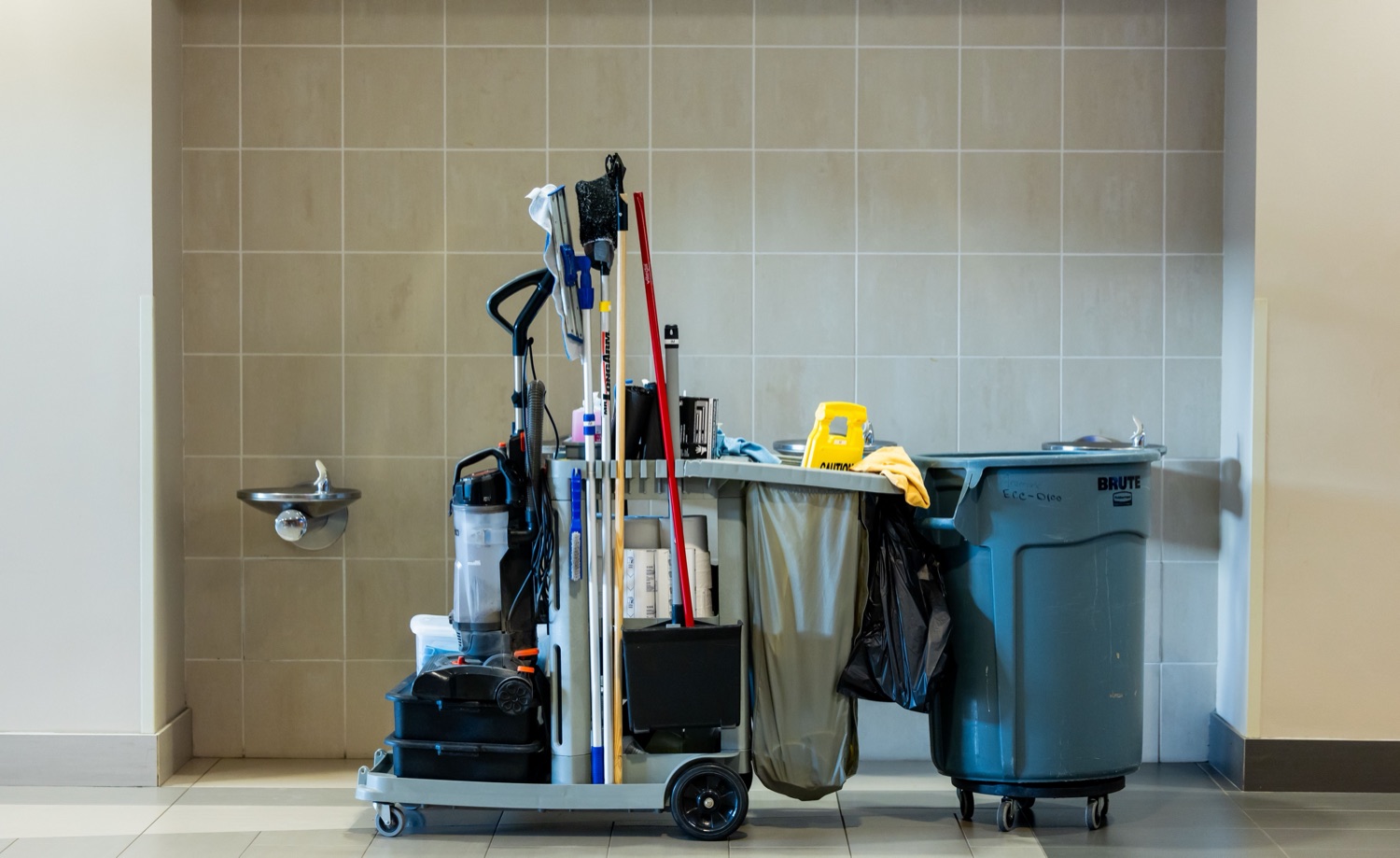 Professional janitorial cart and equipment in a commercial facility