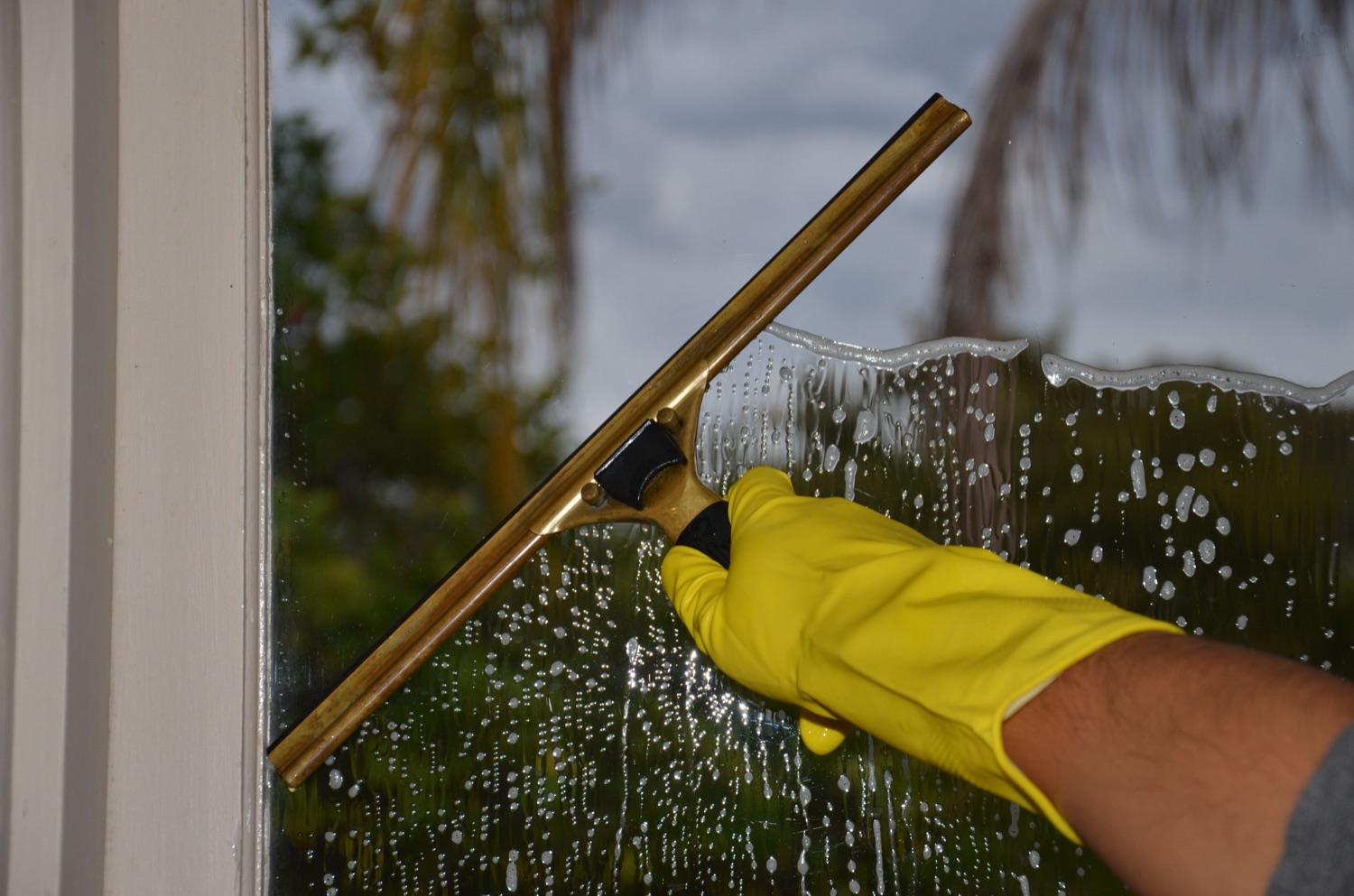 VHH technician squeegeeing a commercial window streak-free